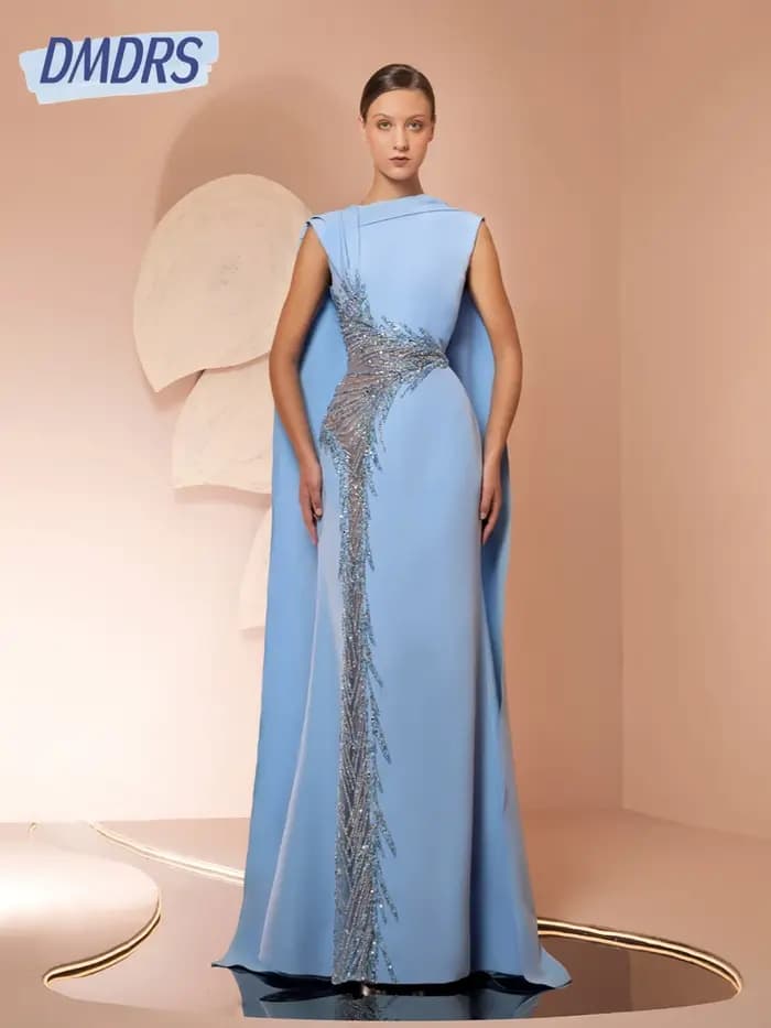 Robe de soirée en crêpe bleue avec broderie et longue écharpe découpée charmante droite perlée pailletée mère du cocktail personnalisée