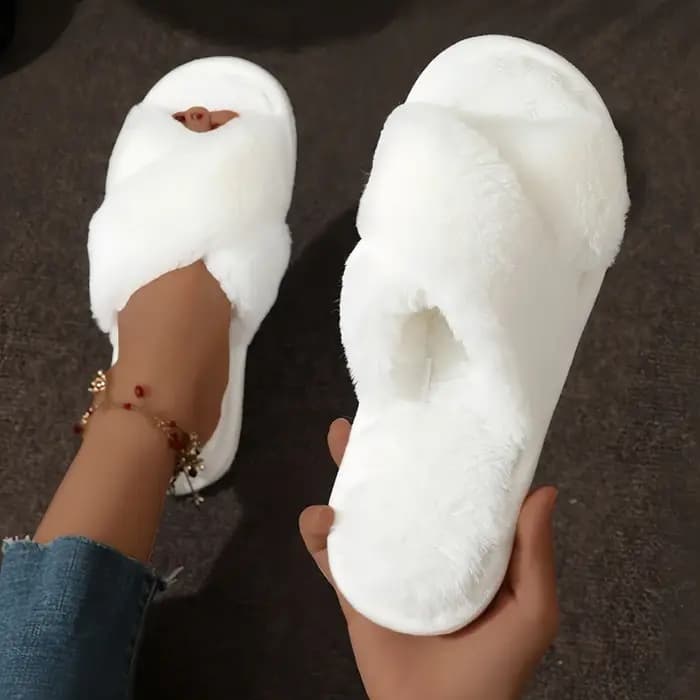 Croix chaud moelleux fourrure pantoufles femmes léger talons plats