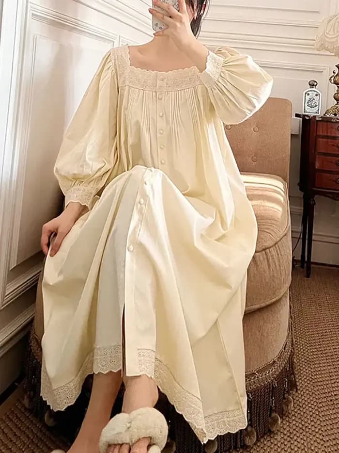 Femmes robe de nuit printemps automne pur coton à manches longues Peignoir romantique Vintage chemises
