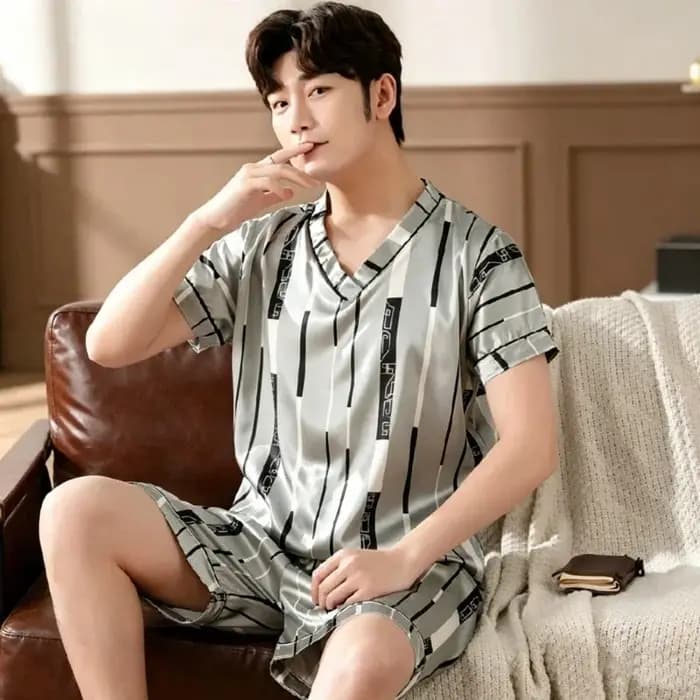 Ensemble de pyjama grande taille pour homme – Nouvelle collection été – Imprimé tendance – Vêtements de nuit pour homme – Col en V – Manches courtes – Short – Tenue décontractée et confortable pour la