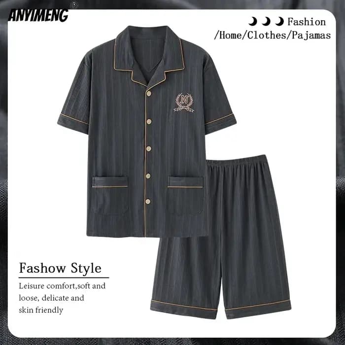 Pyjama gris à revers pour hommes, cardigan, vêtements de maison pour gentleman, short d'été, vêtements de salon en coton, grande taille, 3XL, 4XL, vêtements de nuit