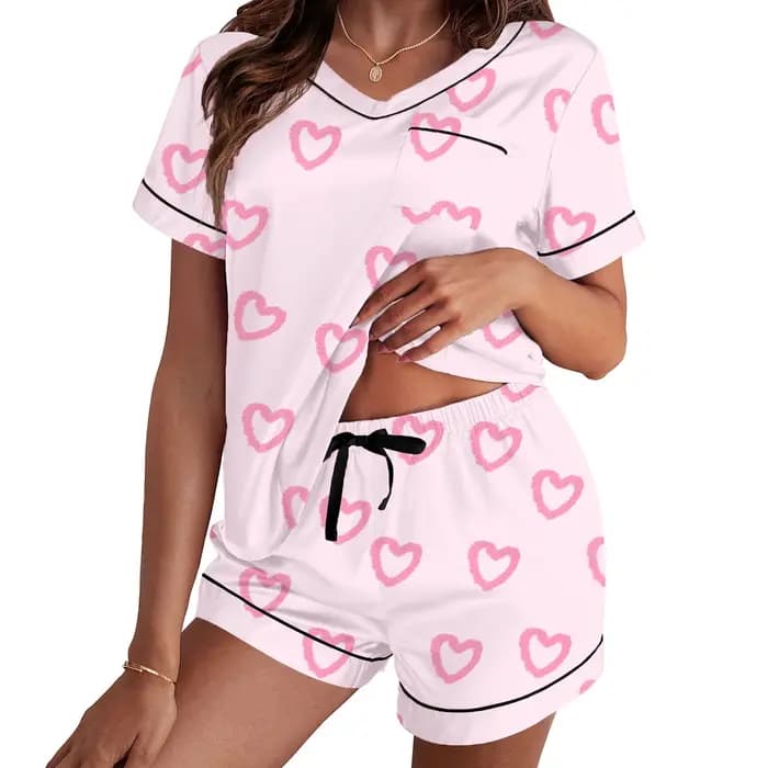 Léon's Day-Pyjama en satin imprimé cœur pour femme