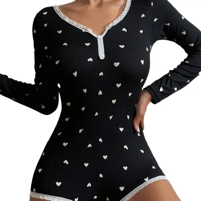 Nouvelle combinaison de pyjama une pièce pour femme de style américain avec imprimé cœur à manches longues, vêtements de détente, combinaison de nuit une pièce pour femme