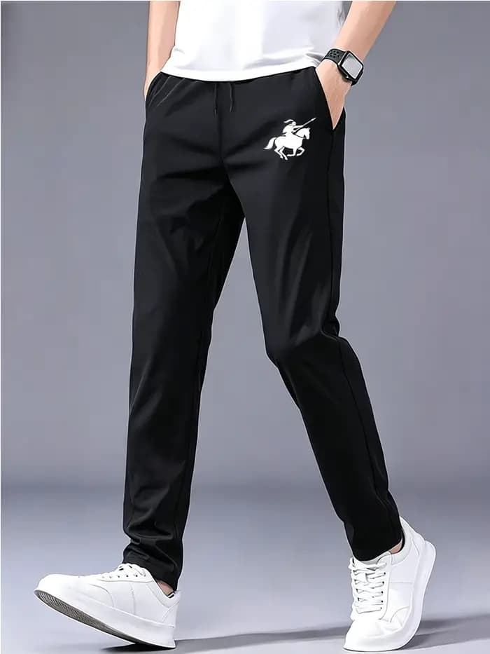 Men White Horse Rider Polo Print Ice Silk Casual Pants Drawstring Elastic Waist Straight Leg Quick Dry Sports Trousers Streetwea