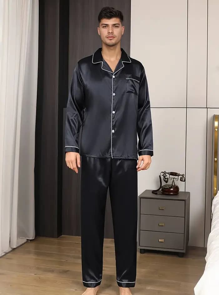 Ensemble pyjama en Satin pour hommes, haut à revers à manches courtes et pantalon élastique, Texture lisse et brillante, confortable et décontracté pour vêtements de détente