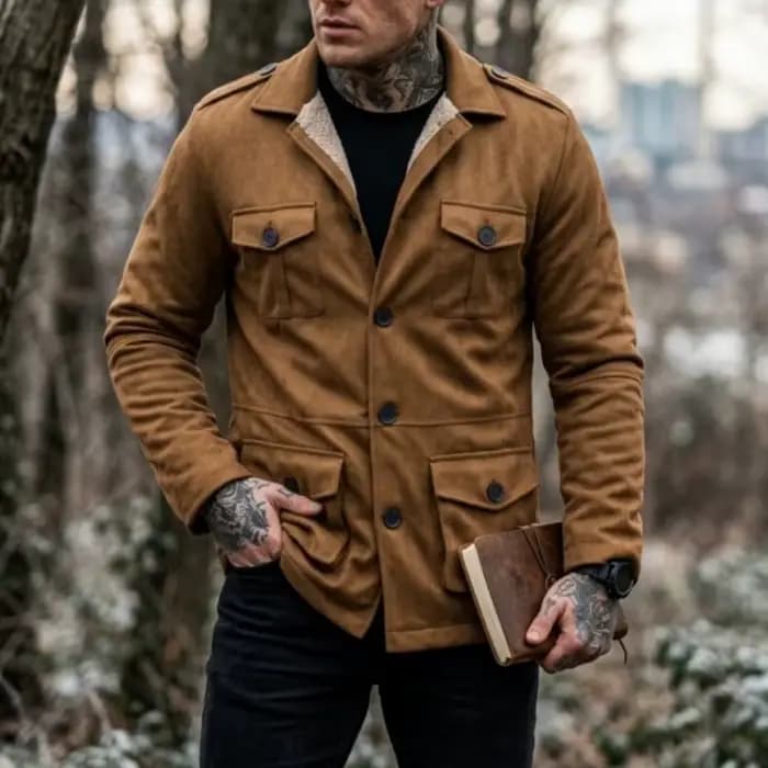 Veste de travail d'hiver pour hommes, en faux daim, poches multi-usages, veste de randonnée décontractée pour l'extérieur, veste en fausse laine pour hommes, hiver