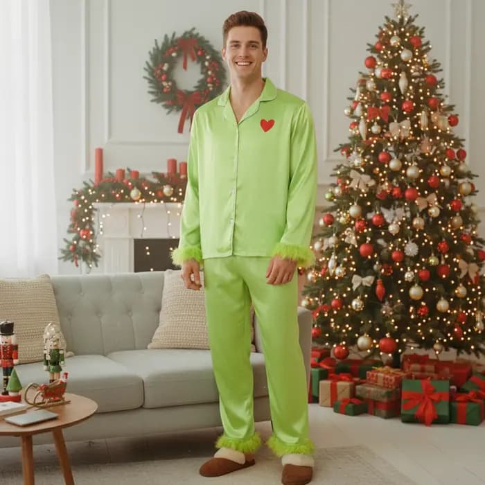Hirigin femmes pyjamas de noël vert Satin soie plume garniture boutonné chemises Jammies noël Grinch correspondant Pjs tenues