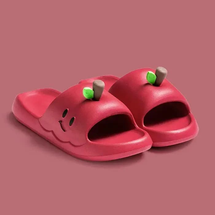 Mignonnes pantoufles en EVA à semelle épaisse motif pomme de dessin animé pour femmes