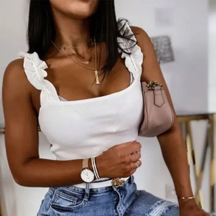 Précieux Y-Femmes Col Carré Monochromatique Tricot Décontracté Basique Ddeau Lit Slim Volants, Été