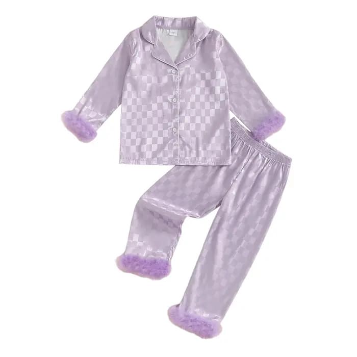 Ensemble pyjama à carreaux pour bébés filles, 2 pièces, garniture en fourrure, revers, col en V, man