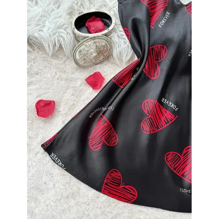 Robe de nuit en satin rouge à imprimé lèvres pour la Saint-Valentin, col en V, dos nu, mini-robe de nuit, vêtements de nuit pour femmes