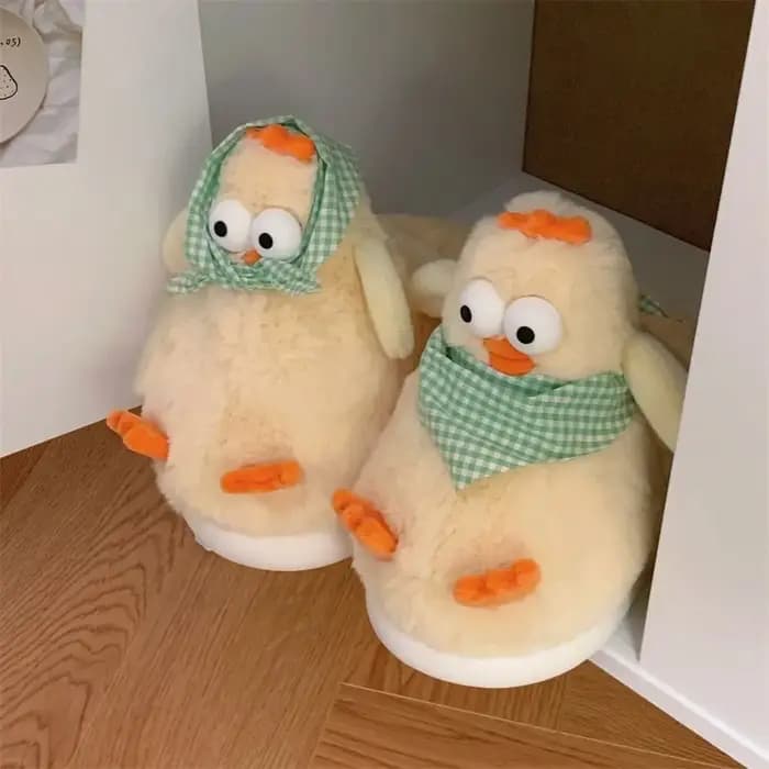 Mode fourrure jaune poulet pantoufles dessin animé doux hiver chaud