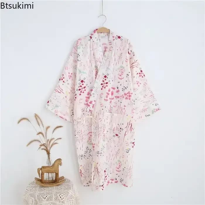 Style japonais Kimono pyjama Robes femmes été mince coton gaze col en v Simple chemise de nuit ample dames salon à lacets peignoir