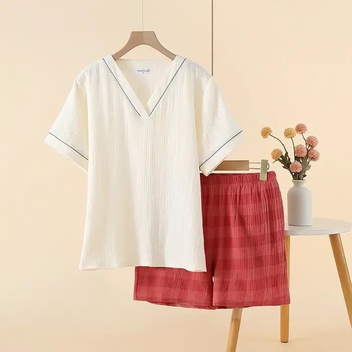 Pyjama en gaze de coton pour femmes, col en v, manches courtes, short, ample, décontracté, vêtements de maison, été, 2025