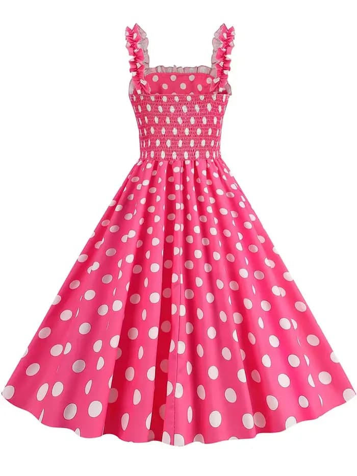 Robe mi-longue froncée à pois roses pour femmes