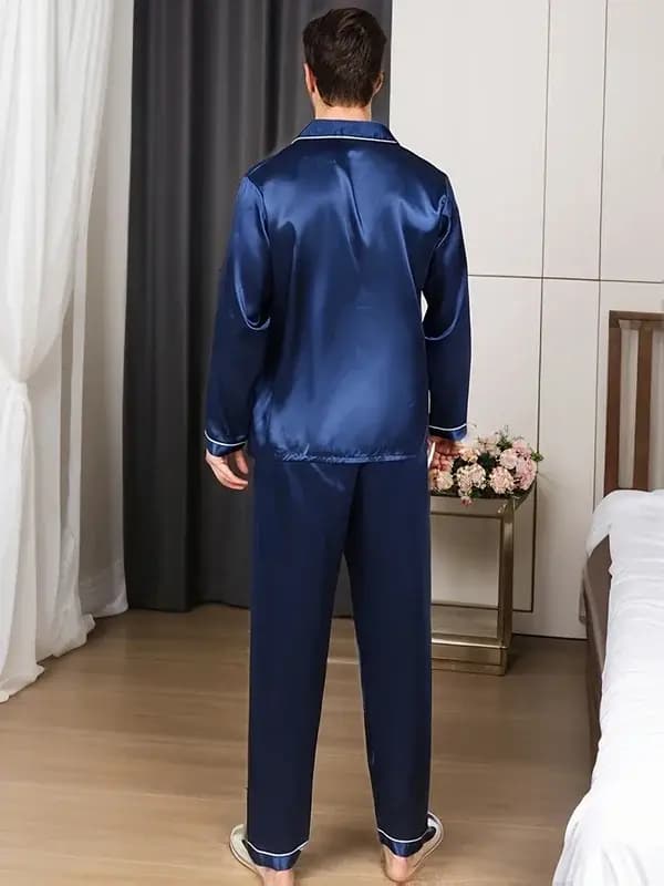 Hommes pyjama ensembles vêtements de nuit en microfibre pour dormir homme chemise Satin à manches longues
