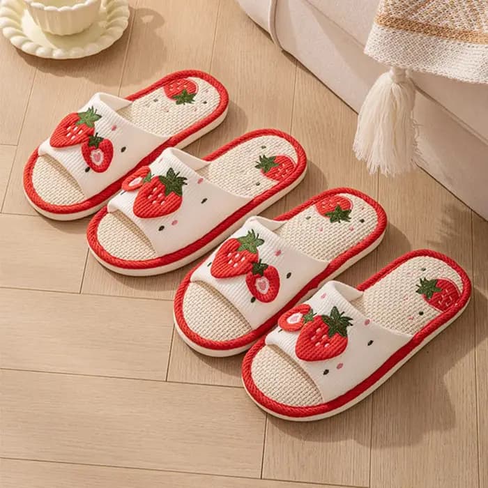 Pantoufles d'intérieur en lin à motif fraise pour femmes et filles, à bout ouvert, de créateur, d'été, antidérapantes, douces, silencieuses, unisexes et respirantes