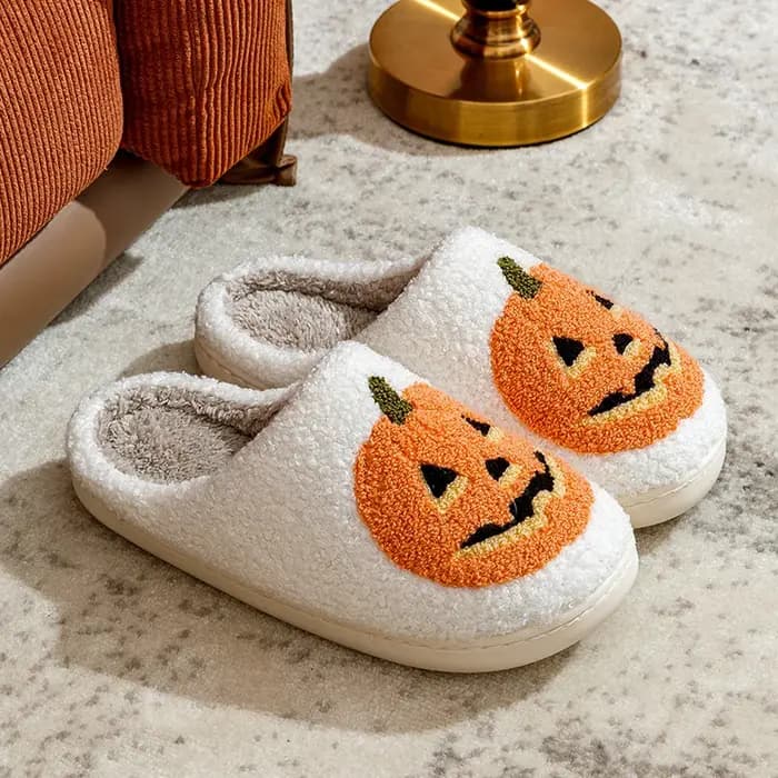Sourire citrouille Halloween chaussons pour femmes hiver intérieur dessin animé confort maison chambre doux casual plat en peluche chaussures pour cadeau