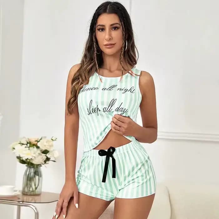 Pyjamas pour femmes été rayure pyjama imprimé Faux coton col rond