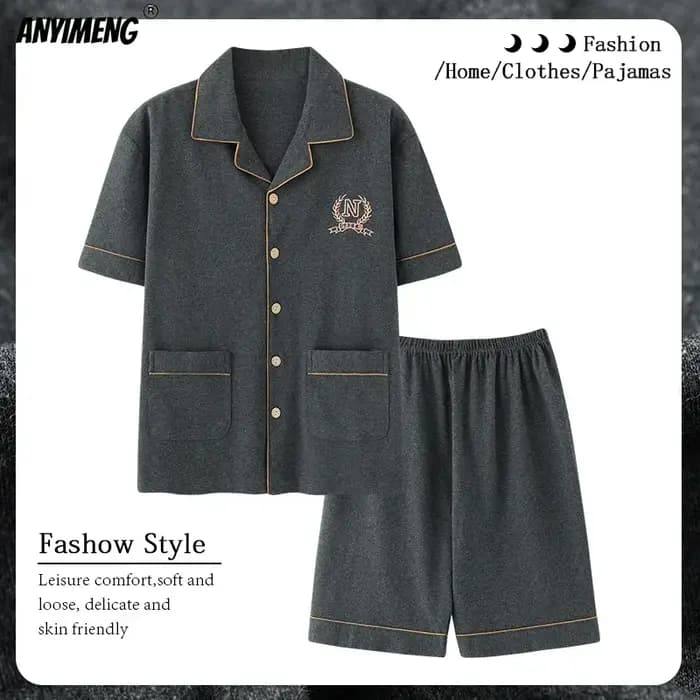 Pyjama gris à revers pour hommes, cardigan, vêtements de maison pour gentleman, short d'été, vêtements de salon en coton, grande taille, 3XL, 4XL, vêtements de nuit