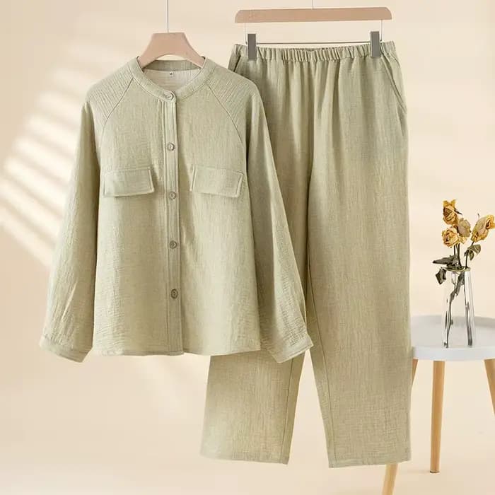 2025 coton et lin pyjamas pour femmes automne à manches longues pantalon ensemble de vêtements de détente col montant couleur unie Pijama 2 pièces
