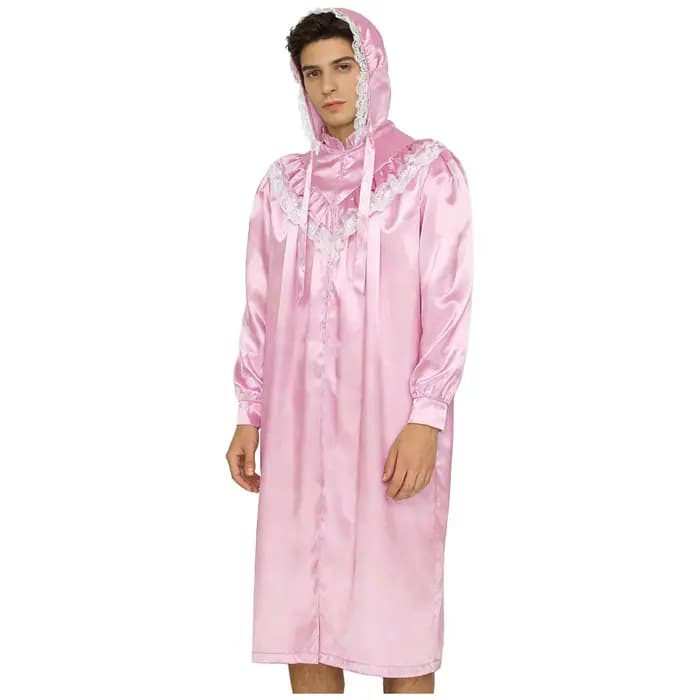 Chemise de nuit victorienne satinée pour homme avec bonnet, ensemble pyjama vintage à manches longues et fermeture éclair sur le devant pour soirée pyjama