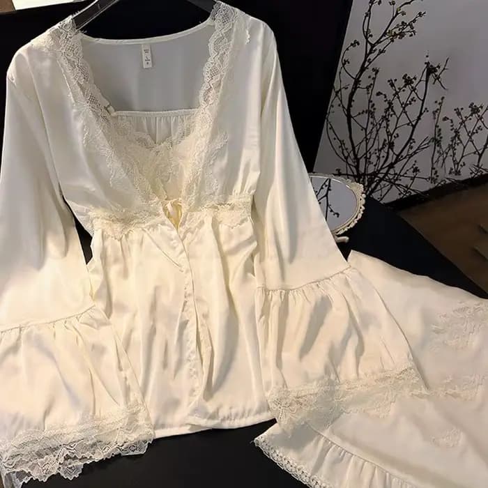Ensemble de pyjama sexy en dentelle pour femme, cardigan à manches longues, caraco et surintendant, vêtements de nuit, vêtements de nuit décontractés, vêtements pour la maison, printemps, été, nouveau