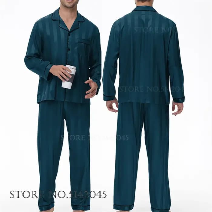 Ensemble de pyjamas en satin bleu marine pour hommes, olympiques de surintendant à manches longues,