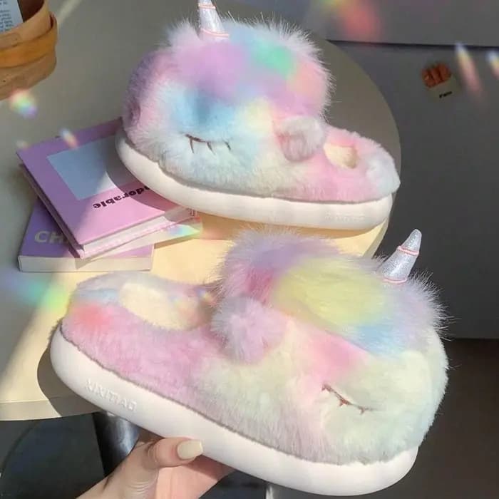 Mignon licorne hiver nouvelles femmes pantoufle talon souple plate-forme fourrure chaud intérieur confortable maison