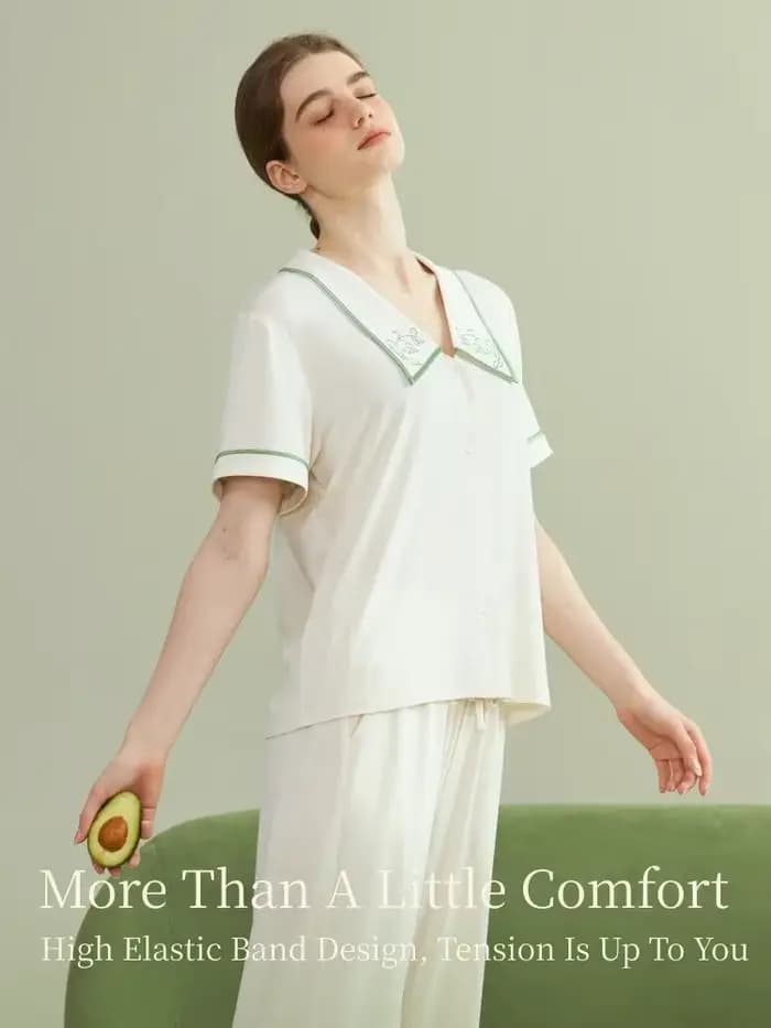 SUJIIN femmes Modal pyjama ensembles été à manches courtes Pjs confort pantalon vêtements de nuit brodé ensemble