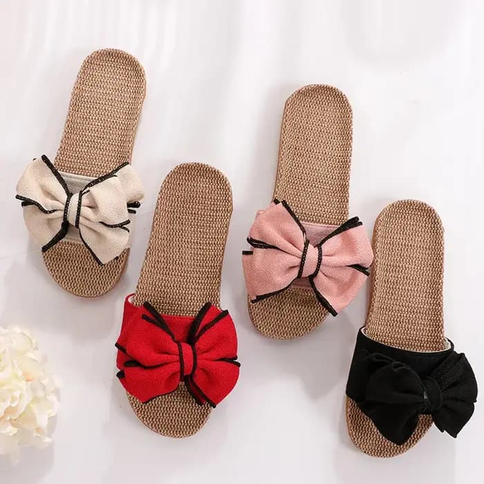 Mntrerm 2024 nouvelles espadrilles décontractées pour la maison pantoufles été nœud-noeud doux sol femme chaussures plates d'intérieur mignon lin pantoufle Terlik