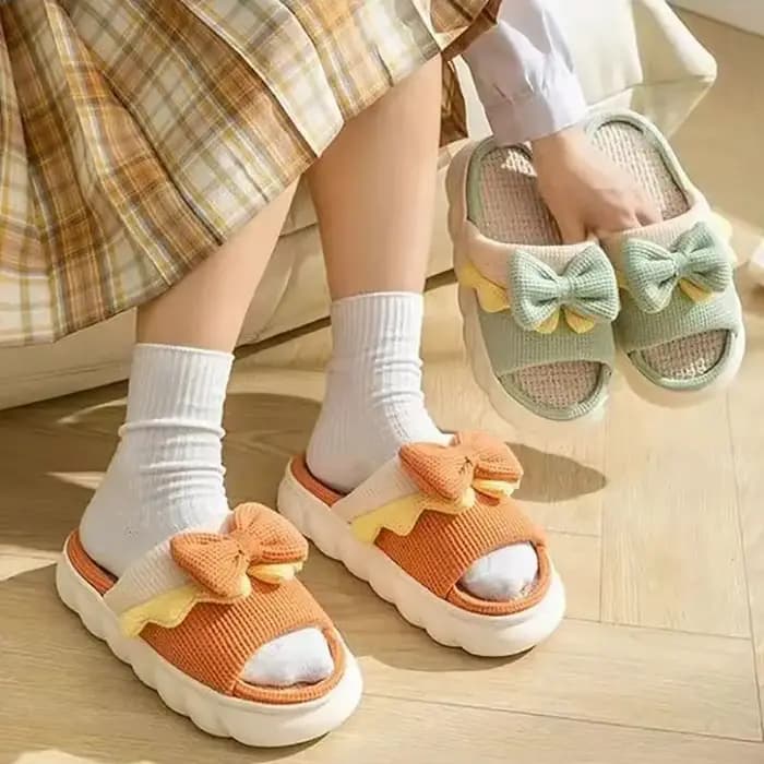 1 paire de pantoufles en lin pour femme antidérapantes avec nœud