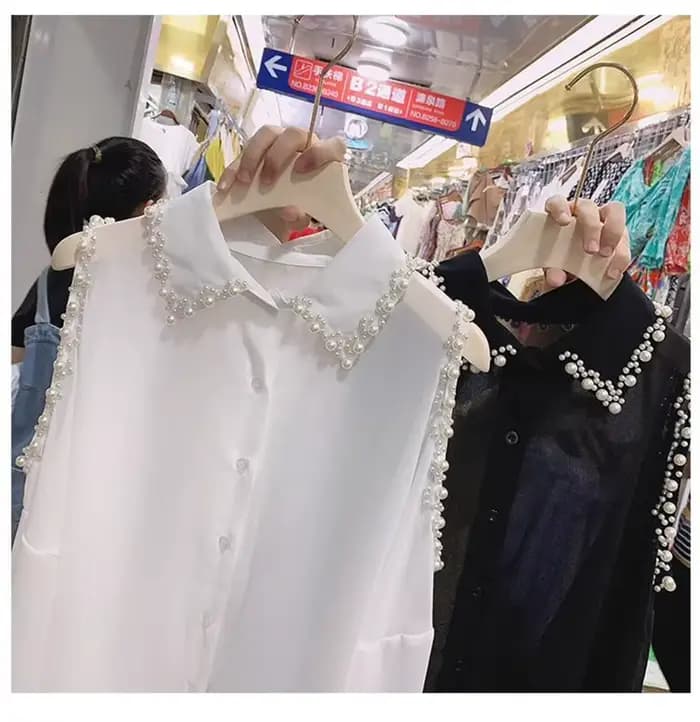 Mode femmes vêtements mince perle hauts en mousseline de soie lâche épaules nues Blouse 2025 printemps été revers