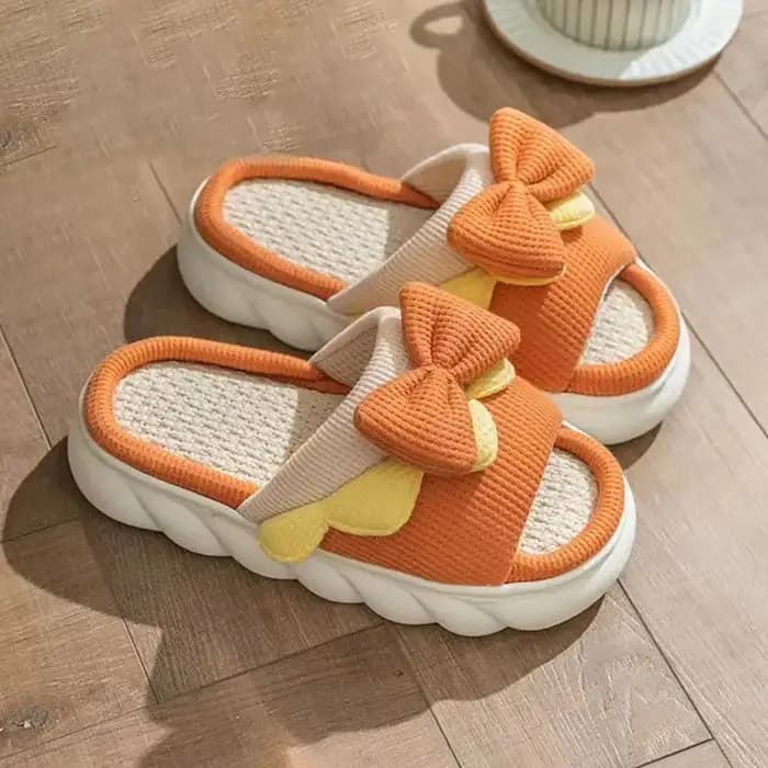1 paire de pantoufles en lin pour femme antidérapantes avec nœud