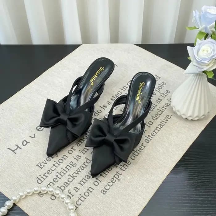 Mules roses style féerique pour femme, été 2026, à talons hauts, avec nœud pointu ajouré à la frança