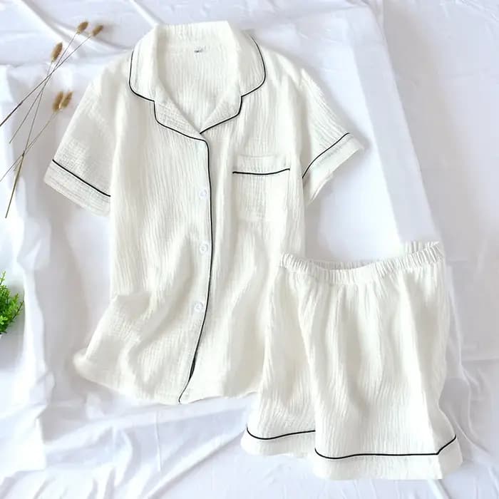 Pyjama en Crêpe Délavée à Manches Courtes pour Femme