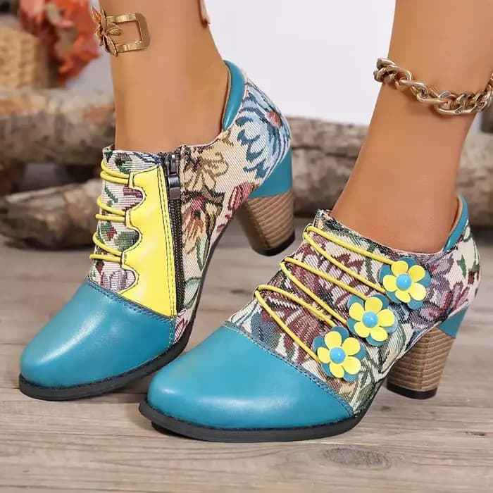 Femmes chaussures à talons hauts automne nouvelles bottines fleur mode cuir