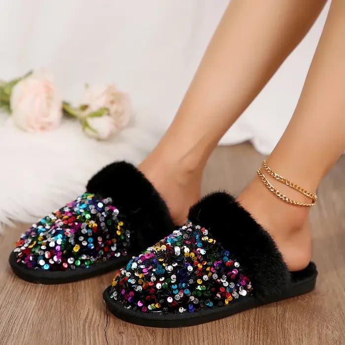 Pantoufles d'intérieur en fourrure de tissu à paillettes de luxe pour femmes, pantoufles d'hiver con