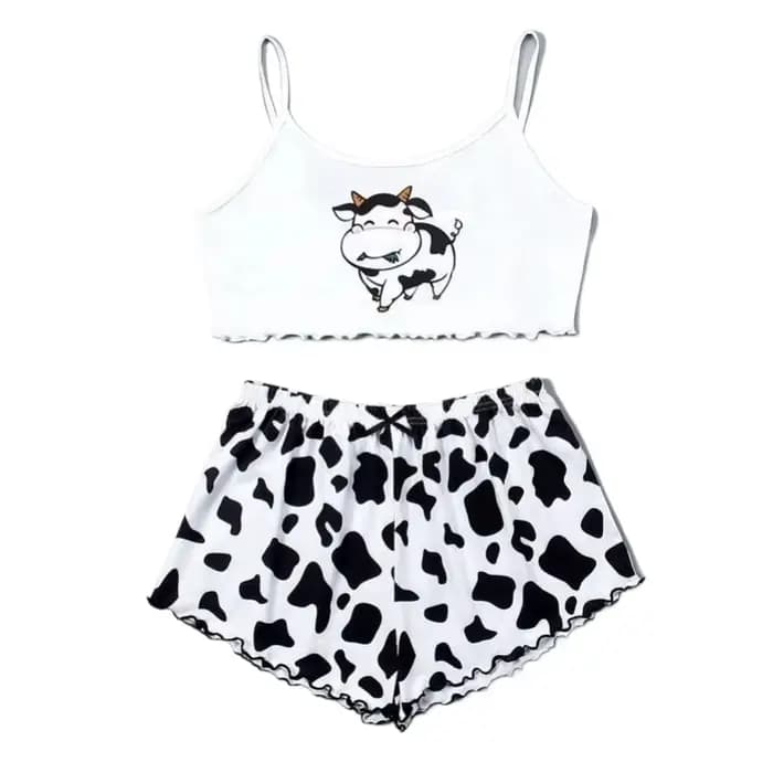 Mignon vache imprimé haut sans manches et short vêtements de nuit pour femmes 2 pièces pyjamas ensemble décontracté