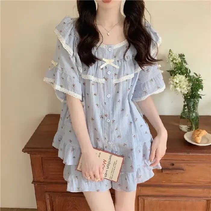 Nouvel ensemble de pyjama d'été pour femme style princesse, doux, avec dentelle et petites fleurs, m