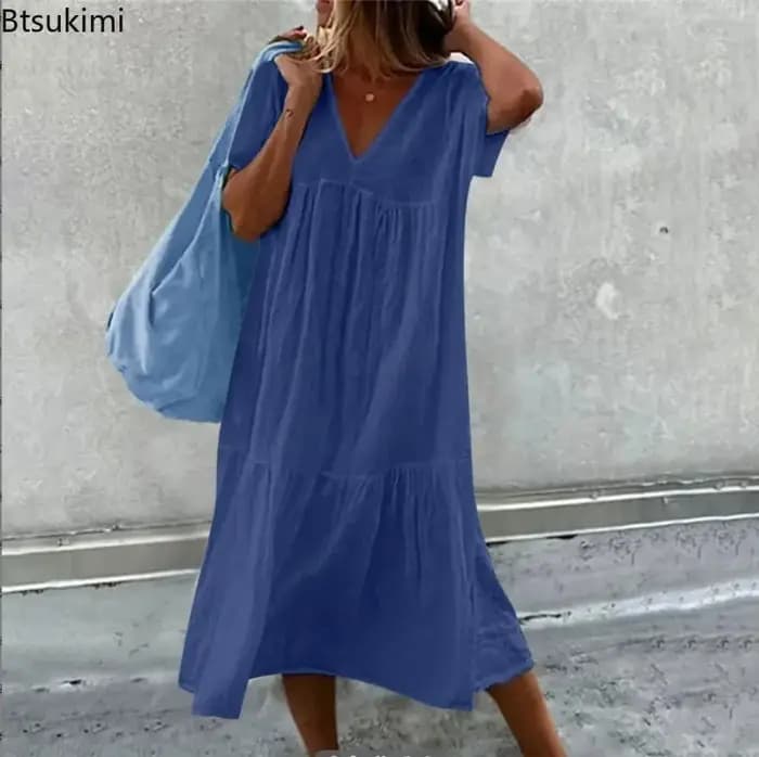 Nouvelles robes midi en coton et lin pour femmes