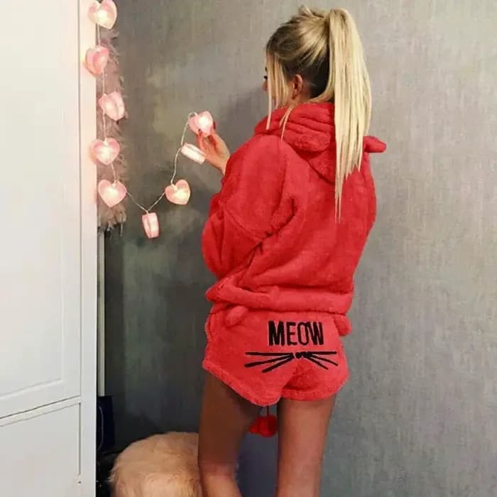 Ensemble de pyjama en velours chaud pour femmes, sweats à capuche et shorts, vêtements de nuit mignons, motif chat miaou, lieux, automne, hiver, 2 pièces pyjama pour femme ensembles pyjama vetements f