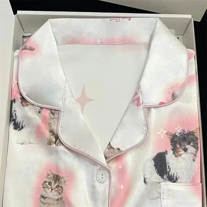 Pyjama en Satin pour Jeune Fille, Long et Court, à la Mode, Imprimé Chat Mignon, Fin, Ensemble pour Femme, Nouvelle Collection Été