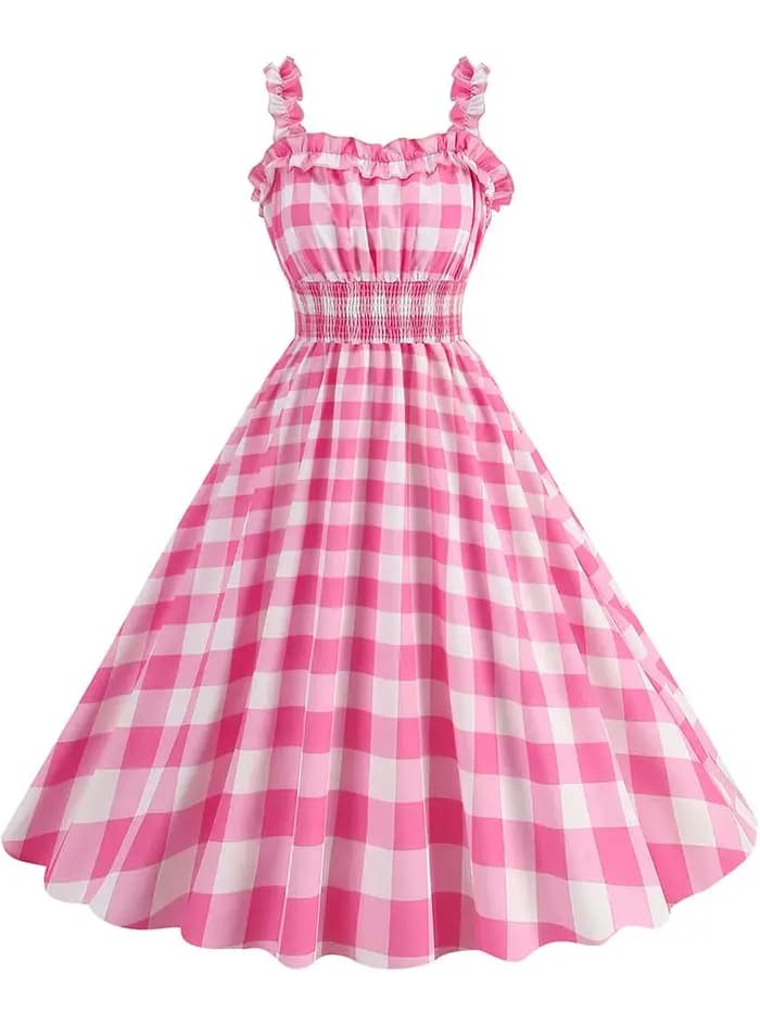 Robe mi-longue froncée à pois roses pour femmes