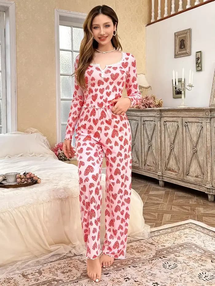 Ensemble pyjama 2 pièces pour femme en tricot côtelé avec imprimé cœur