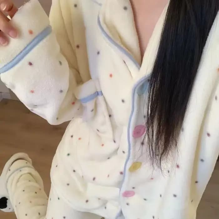 Pyjama en polaire pour femme, ensemble pyjama à pois pour étudiante, vêtements de détente épais et chauds pour filles, pantalon ample à manches longues pour femme
