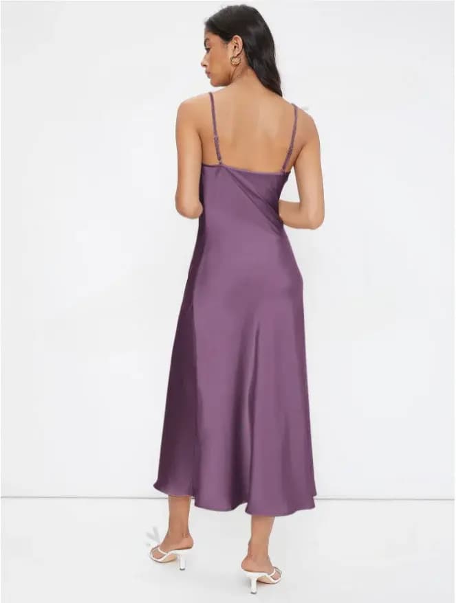 Robe longue en satin sexy pour femme avec encolure drapée - Robe de soirée élégante pour fête, maria