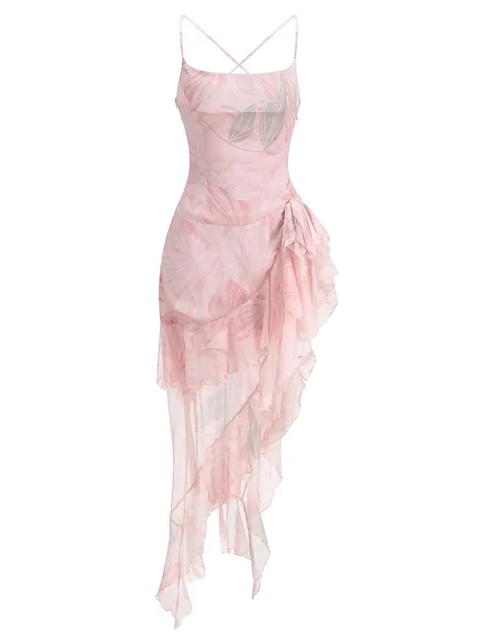 Robe longue d'été sexy à bretelles spaghetti imprimée avec volants fendus pour femme, sans manches,