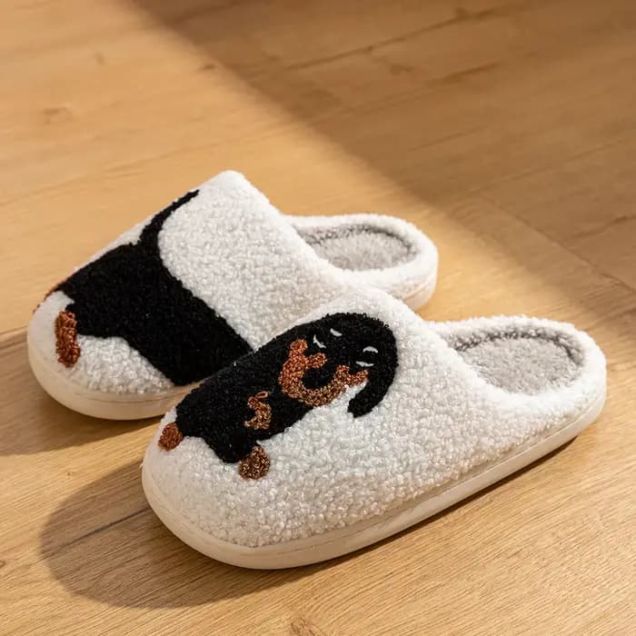 Chaussons pour femmes classique chien motif brodé maison d'hiver intérieur semelle souple chaud déco