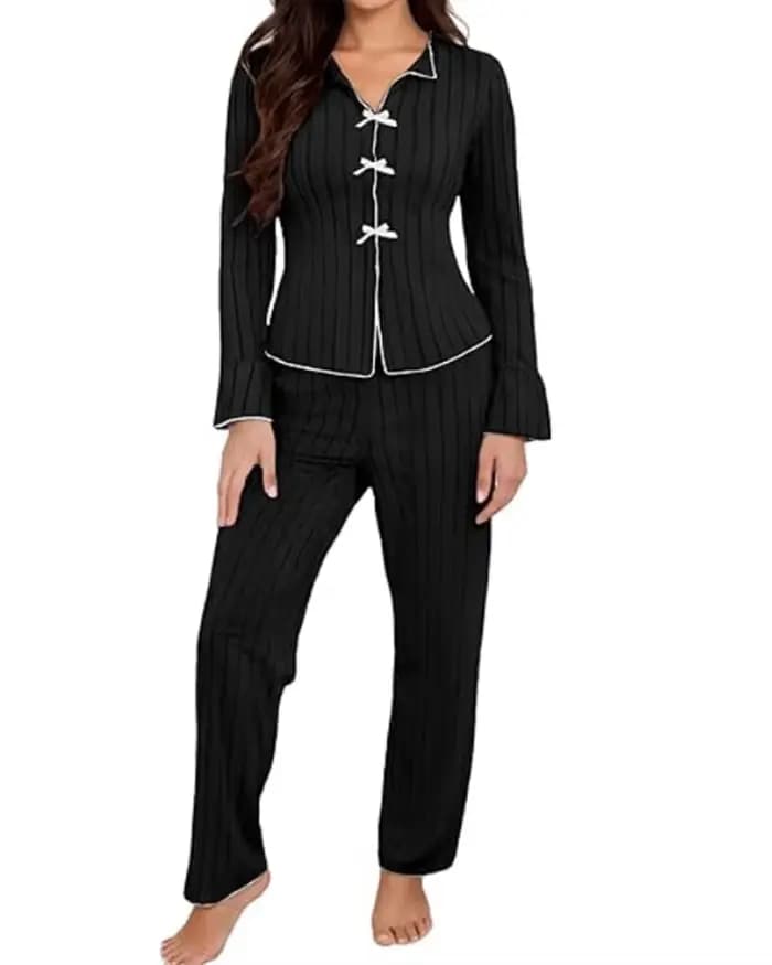 Ensemble de pyjama en tricot côtelé à manches longues pour femmes, haut boutonné et pantalon long, e